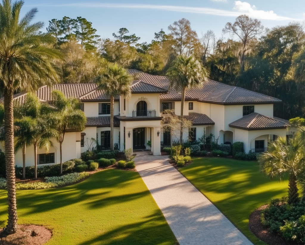 Elegant two-story Florida home with a tiled roof and lush landscaping, showcasing the aesthetic benefits of a high-quality roof installation.